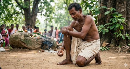 सारना पूजारी अनुष्ठानिक मुद्रा में